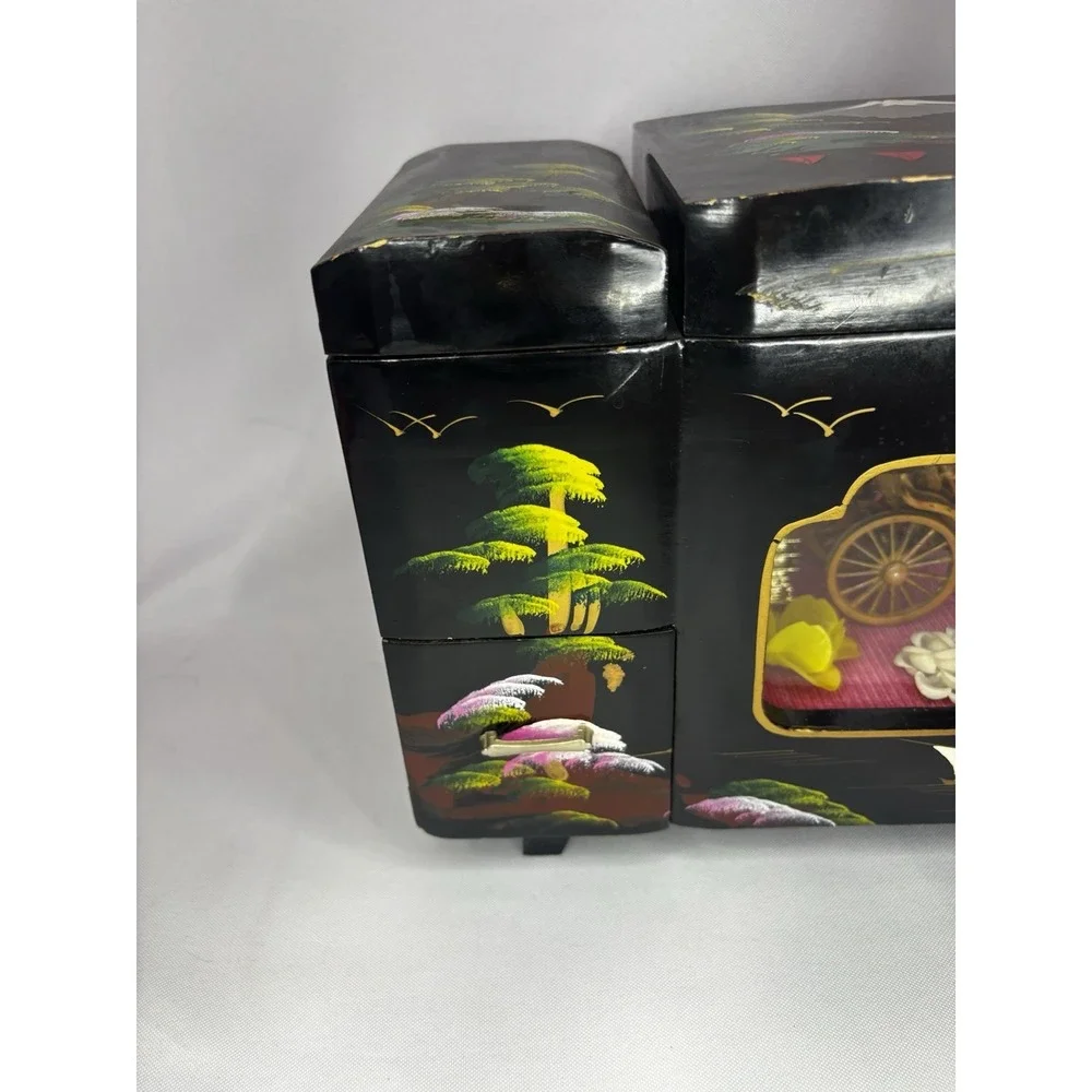 Vintage Japanese Black Lacquer Musical Jewelry Box- Window Diorama